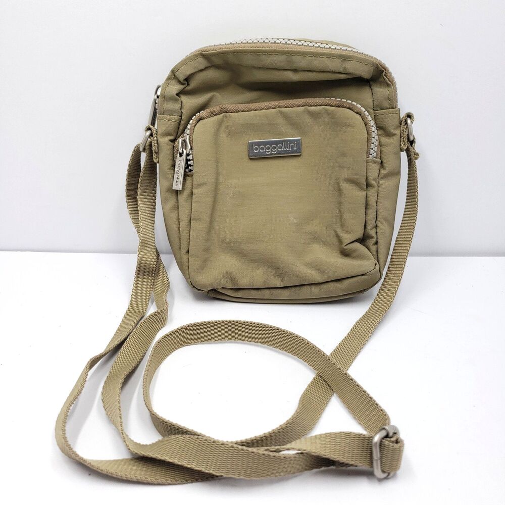 Baggallini Beige Crossbody Bag Travel Purse Light Blue Lining Organizer Nylon
